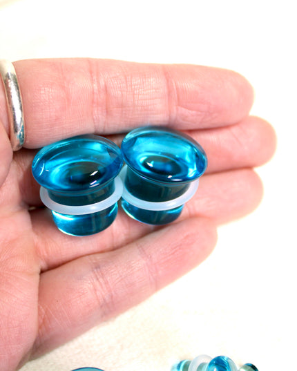 Blue Aqua Single Flare Glass Plugs Pair