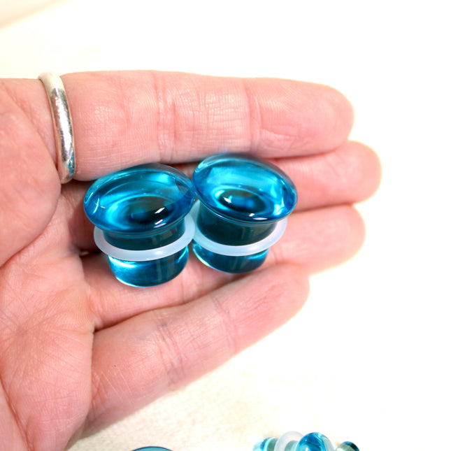 Blue Aqua Single Flare Glass Plugs Pair