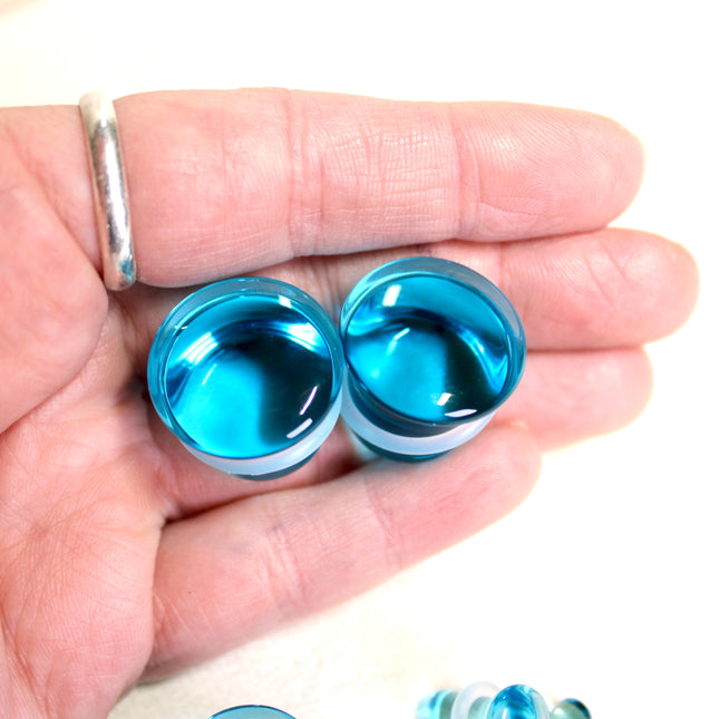 Blue Aqua Single Flare Glass Plugs Pair