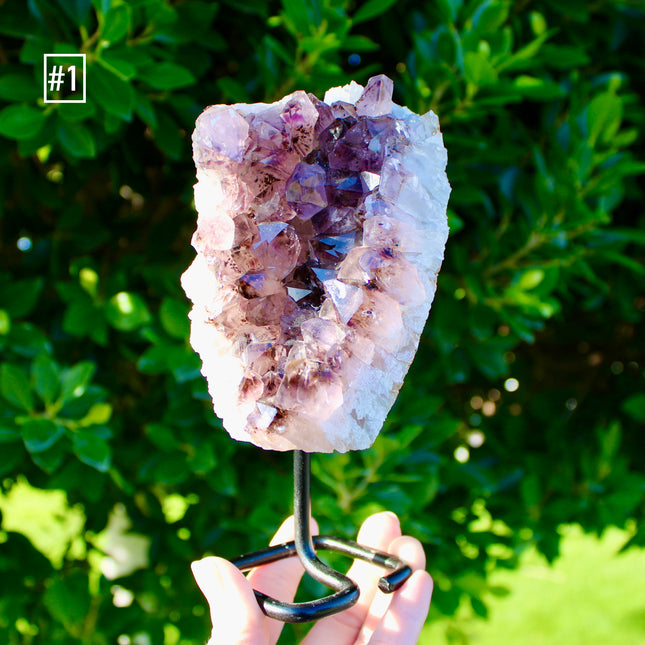 Amethyst Geode on Black Metal Display Stand – Purple Shimmering Stone Cluster, Natural Amethyst Statement You Pick!