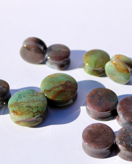 Fall Color Moss Agate Plugs – Red Moss Agate Stone Ear Plugs with Reds, Greens, and Browns – Stunning Natural Double Flare Stone Plugs