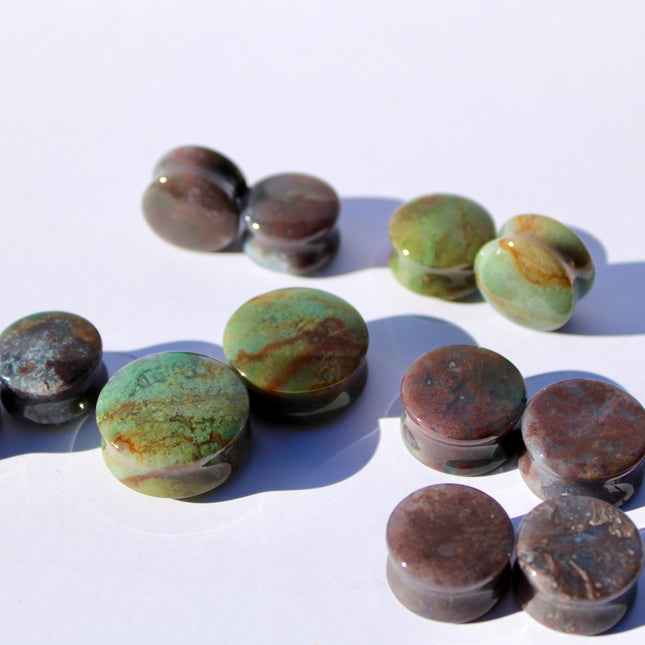 Fall Color Moss Agate Plugs – Red Moss Agate Stone Ear Plugs with Reds, Greens, and Browns – Stunning Natural Double Flare Stone Plugs