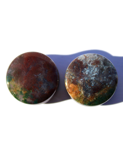 Fall Color Moss Agate Plugs – Red Moss Agate Stone Ear Plugs with Reds, Greens, and Browns – Stunning Natural Double Flare Stone Plugs