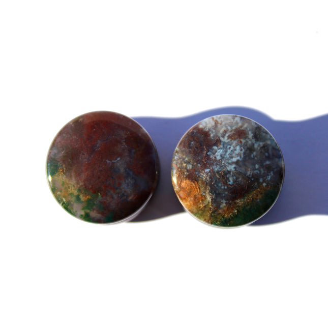 Fall Color Moss Agate Plugs – Red Moss Agate Stone Ear Plugs with Reds, Greens, and Browns – Stunning Natural Double Flare Stone Plugs