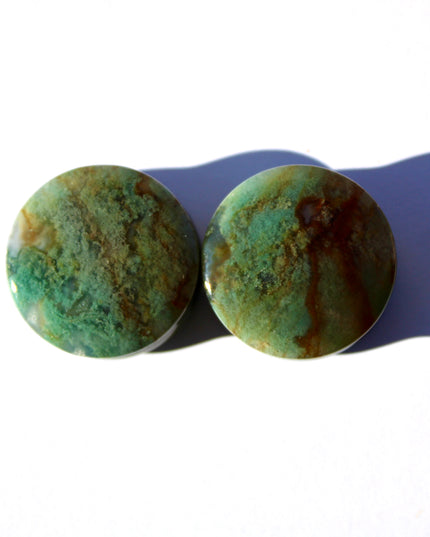 Fall Color Moss Agate Plugs – Red Moss Agate Stone Ear Plugs with Reds, Greens, and Browns – Stunning Natural Double Flare Stone Plugs
