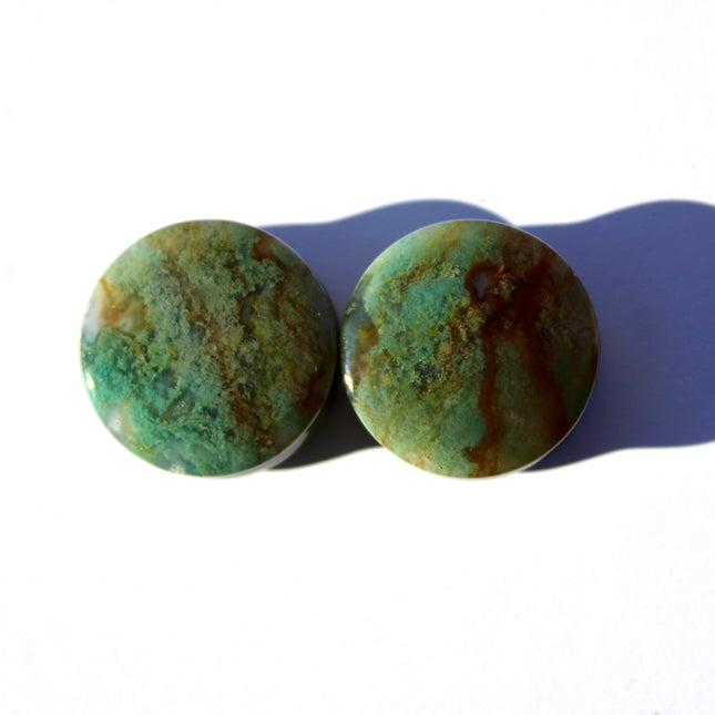 Fall Color Moss Agate Plugs – Red Moss Agate Stone Ear Plugs with Reds, Greens, and Browns – Stunning Natural Double Flare Stone Plugs