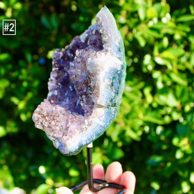 Amethyst Geode on Black Metal Display Stand – Purple Shimmering Stone Cluster, Natural Amethyst Statement You Pick!