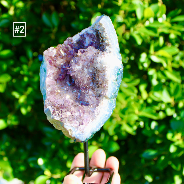 Amethyst Geode on Black Metal Display Stand – Purple Shimmering Stone Cluster, Natural Amethyst Statement You Pick!