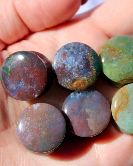 Fall Color Moss Agate Plugs – Red Moss Agate Stone Ear Plugs with Reds, Greens, and Browns – Stunning Natural Double Flare Stone Plugs