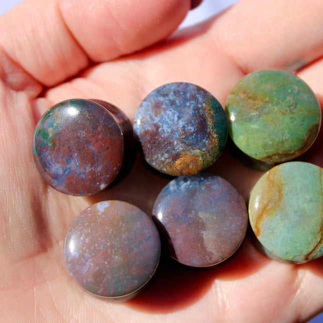 Fall Color Moss Agate Plugs – Red Moss Agate Stone Ear Plugs with Reds, Greens, and Browns – Stunning Natural Double Flare Stone Plugs