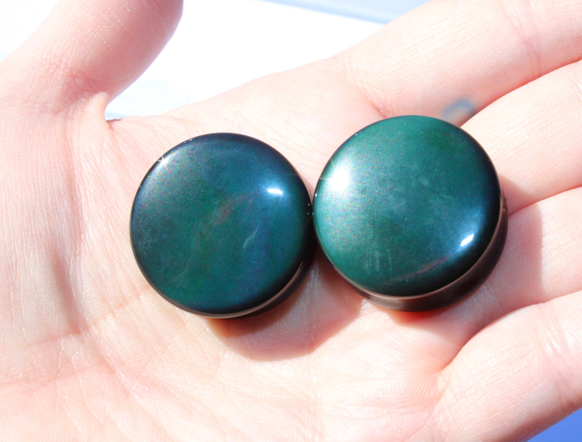 Rainbow Obsidian Double Flare Plugs – Natural Black Stone Ear Gauges with Subtle Color