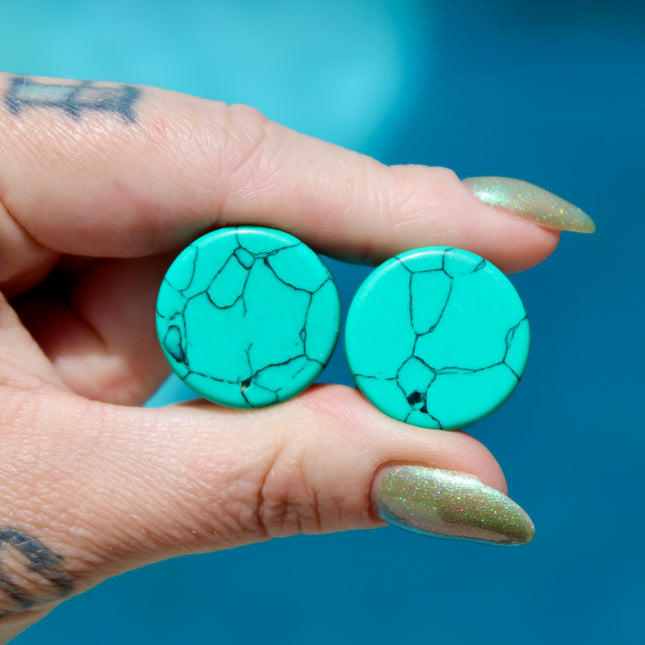 Turquoise Howlite Plugs - Gauges PAIR - Turquoise Blue and Black Gauges Marbled Color - EC Plugs