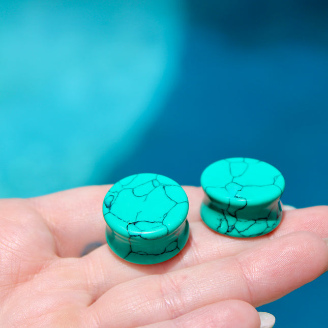 Turquoise Howlite Plugs - Gauges PAIR - Turquoise Blue and Black Gauges Marbled Color - EC Plugs