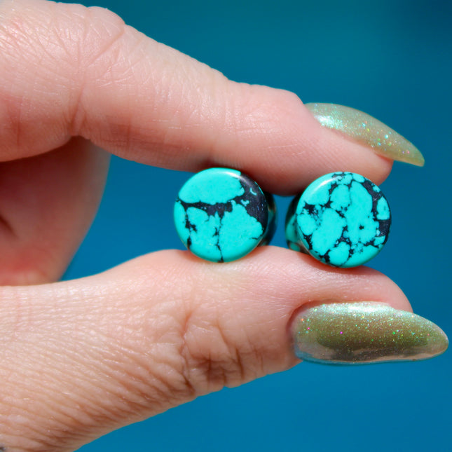 Turquoise Howlite Plugs - Gauges PAIR - Turquoise Blue and Black Gauges Marbled Color - EC Plugs