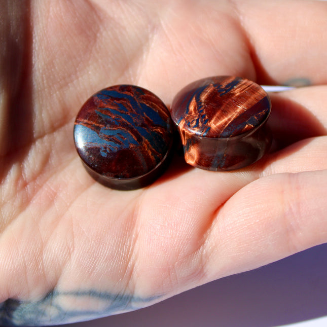 Red Tiger Eye Double Flare Stone Plugs Pair Red and Silver Gauges 3mm-25mm
