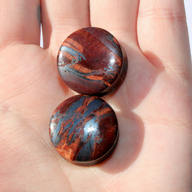 Red Tiger Eye Double Flare Stone Plugs Pair Red and Silver Gauges 3mm-25mm