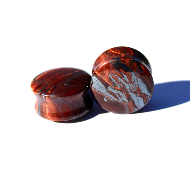 Red Tiger Eye Double Flare Stone Plugs Pair Red and Silver Gauges 3mm-25mm