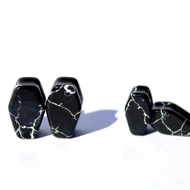 Zebra Marble Coffin Plugs - Halloween Double Flare Stone Gauges Pair 8mm-20mm