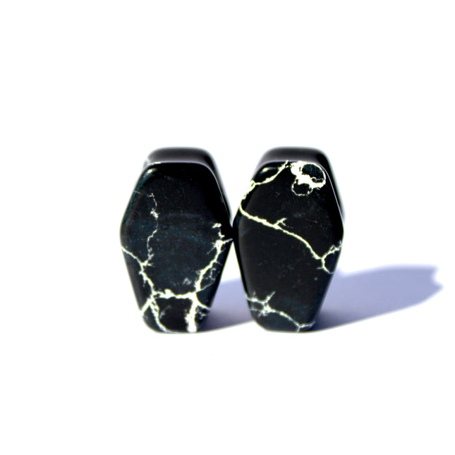 Zebra Marble Coffin Plugs - Halloween Double Flare Stone Gauges Pair 8mm-20mm