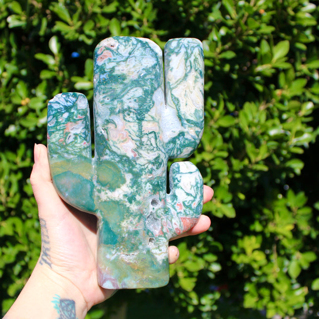 XL Moss Agate Cactus – 3.1 lb 8 Inch Polished Stone Cactus Carving with Stunning Pink Banding and Druzy Statement Crystal