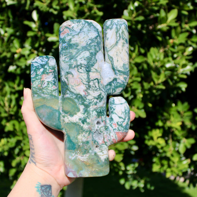 XL Moss Agate Cactus – 3.1 lb 8 Inch Polished Stone Cactus Carving with Stunning Pink Banding and Druzy Statement Crystal