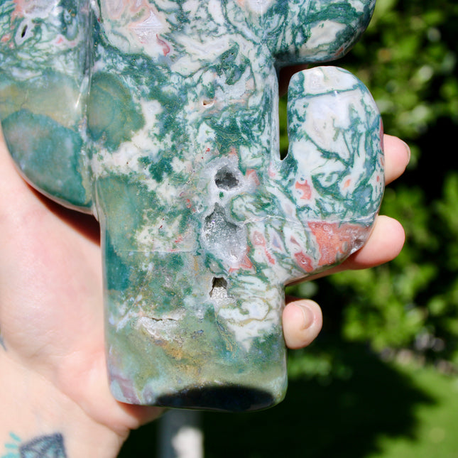 XL Moss Agate Cactus – 3.1 lb 8 Inch Polished Stone Cactus Carving with Stunning Pink Banding and Druzy Statement Crystal