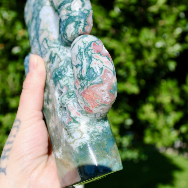 XL Moss Agate Cactus – 3.1 lb 8 Inch Polished Stone Cactus Carving with Stunning Pink Banding and Druzy Statement Crystal