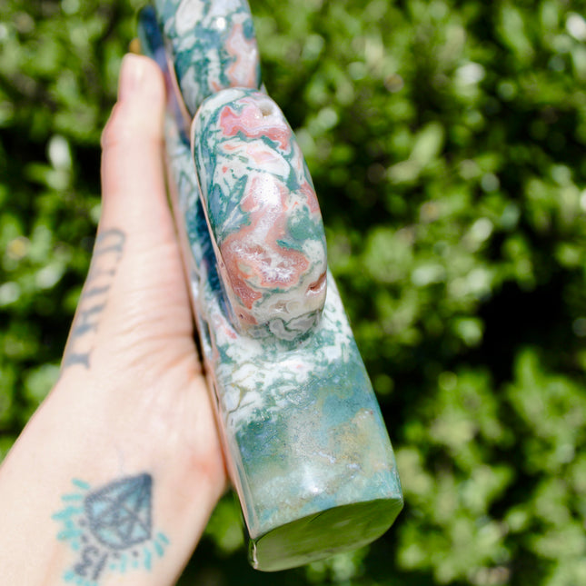 XL Moss Agate Cactus – 3.1 lb 8 Inch Polished Stone Cactus Carving with Stunning Pink Banding and Druzy Statement Crystal