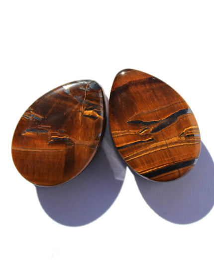 Tiger Eye Tear Drop Stone Plugs Double Flare Brown Striped Gauges Pair 6mm-38mm