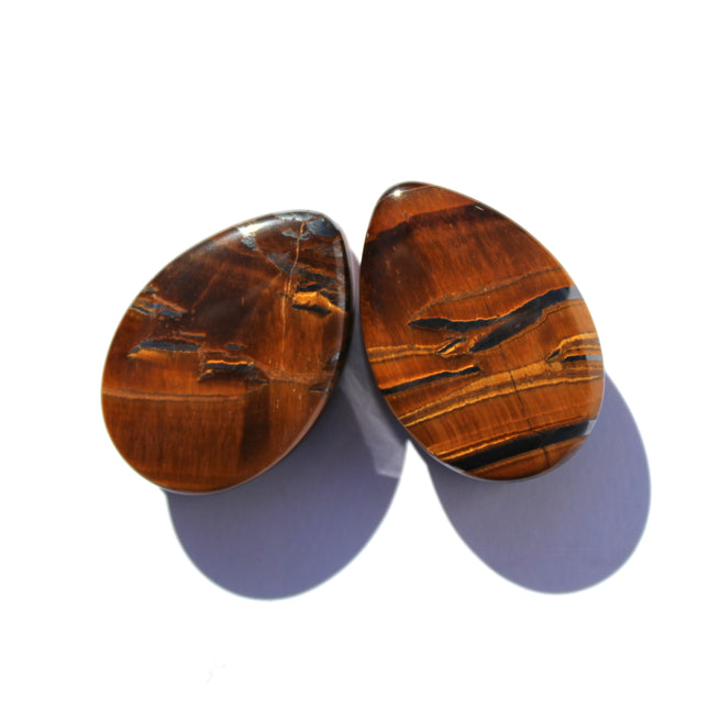 Tiger Eye Tear Drop Stone Plugs Double Flare Brown Striped Gauges Pair 6mm-38mm