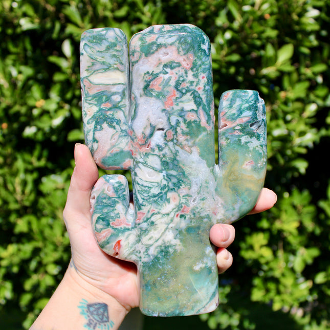 XL Moss Agate Cactus – 3.1 lb 8 Inch Polished Stone Cactus Carving with Stunning Pink Banding and Druzy Statement Crystal