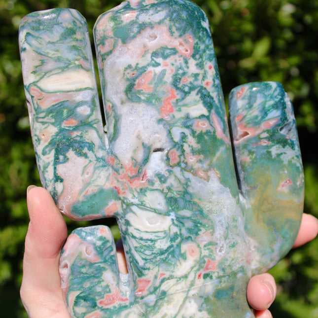 XL Moss Agate Cactus – 3.1 lb 8 Inch Polished Stone Cactus Carving with Stunning Pink Banding and Druzy Statement Crystal