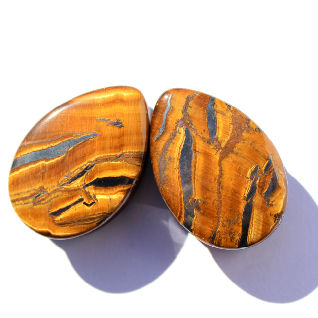 Tiger Eye Tear Drop Stone Plugs Double Flare Brown Striped Gauges Pair 6mm-38mm