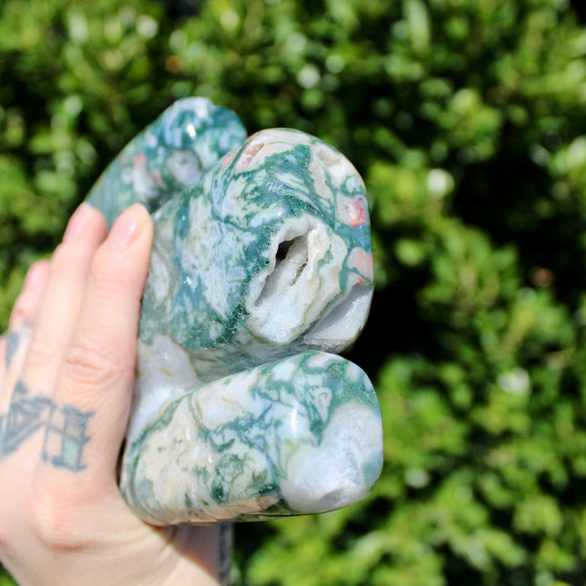 XL Moss Agate Cactus – 3.1 lb 8 Inch Polished Stone Cactus Carving with Stunning Pink Banding and Druzy Statement Crystal