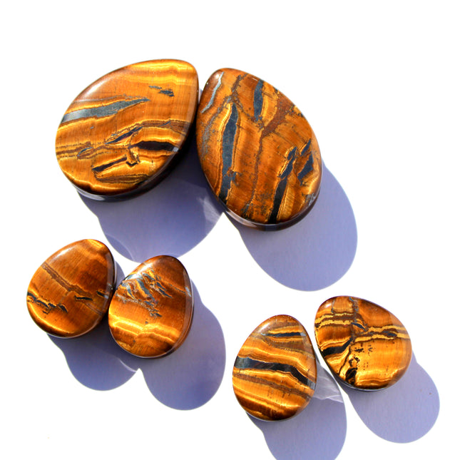 Tiger Eye Tear Drop Stone Plugs Double Flare Brown Striped Gauges Pair 6mm-38mm