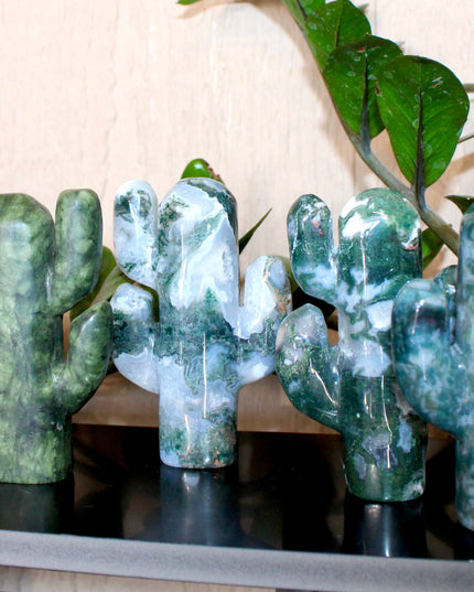 Green Stone Cactus Carvings – Moss Agate, Prehnite, and Serpentine Polished Stone Cactus Sculptures, You Pick Your Exact Carving