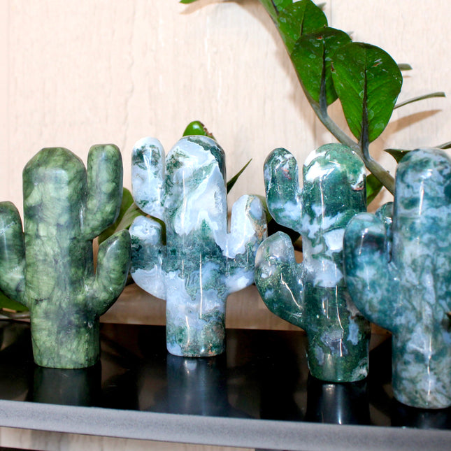 Green Stone Cactus Carvings – Moss Agate, Prehnite, and Serpentine Polished Stone Cactus Sculptures, You Pick Your Exact Carving
