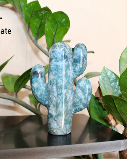 Green Stone Cactus Carvings – Moss Agate, Prehnite, and Serpentine Polished Stone Cactus Sculptures, You Pick Your Exact Carving
