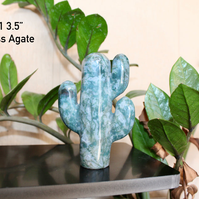 Green Stone Cactus Carvings – Moss Agate, Prehnite, and Serpentine Polished Stone Cactus Sculptures, You Pick Your Exact Carving