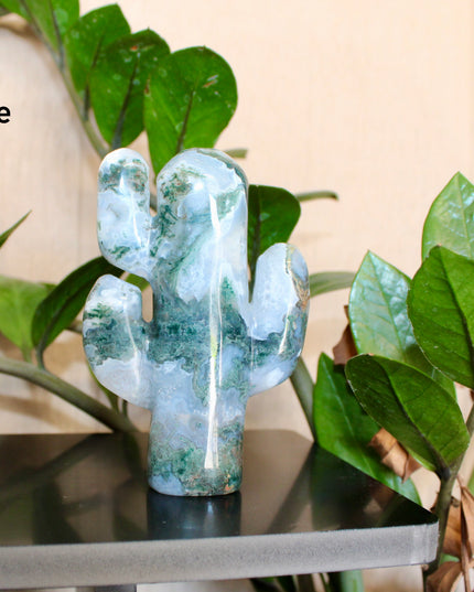 Green Stone Cactus Carvings – Moss Agate, Prehnite, and Serpentine Polished Stone Cactus Sculptures, You Pick Your Exact Carving