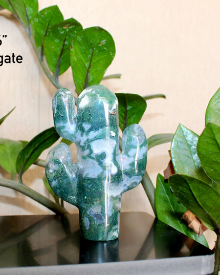 Green Stone Cactus Carvings – Moss Agate, Prehnite, and Serpentine Polished Stone Cactus Sculptures, You Pick Your Exact Carving
