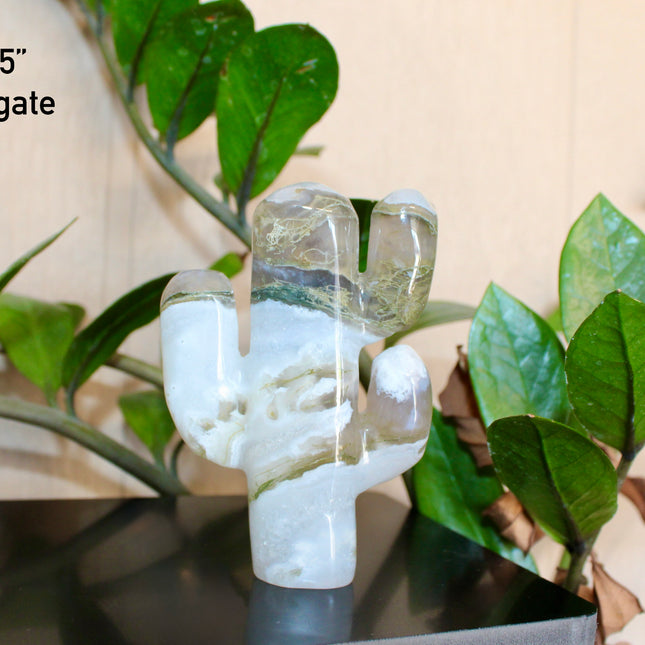 Green Stone Cactus Carvings – Moss Agate, Prehnite, and Serpentine Polished Stone Cactus Sculptures, You Pick Your Exact Carving