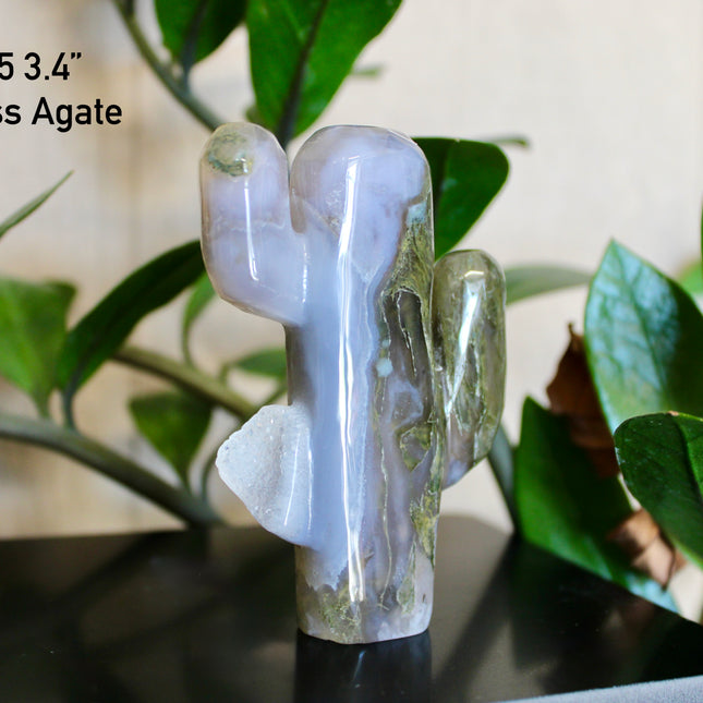 Green Stone Cactus Carvings – Moss Agate, Prehnite, and Serpentine Polished Stone Cactus Sculptures, You Pick Your Exact Carving