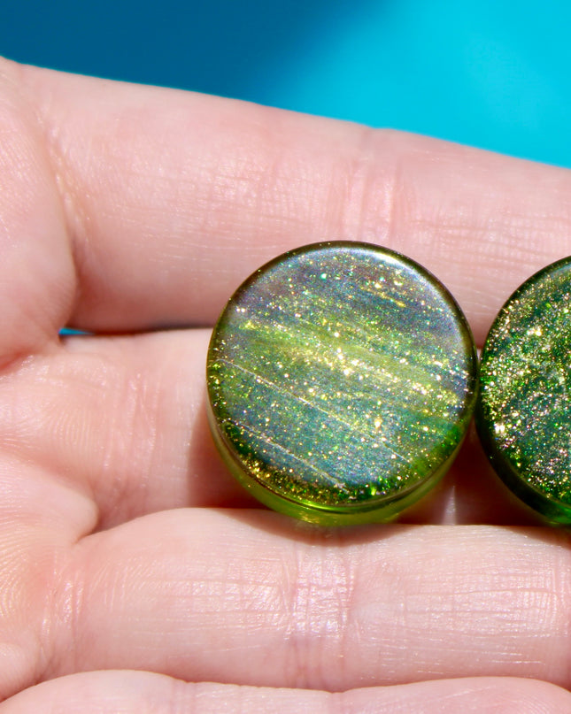Galactic Swirl Glass Plugs 20mm – Green and Gold Cosmic Vibes Pair