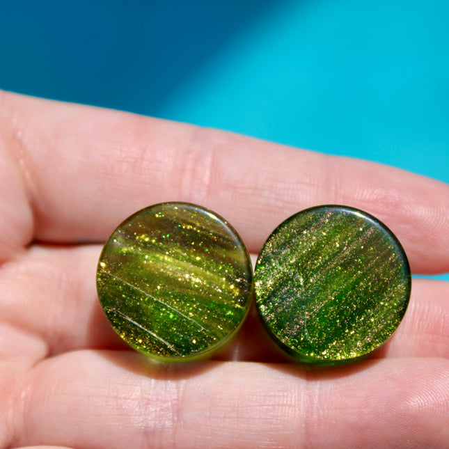 Galactic Swirl Glass Plugs 20mm – Green and Gold Cosmic Vibes Pair