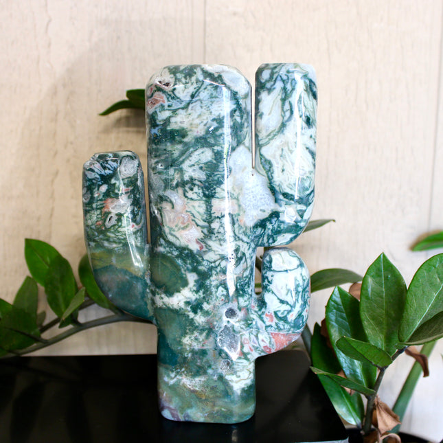 Green Stone Cactus Carvings – Moss Agate, Prehnite, and Serpentine Polished Stone Cactus Sculptures, You Pick Your Exact Carving