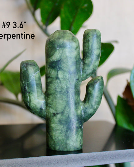 Green Stone Cactus Carvings – Moss Agate, Prehnite, and Serpentine Polished Stone Cactus Sculptures, You Pick Your Exact Carving