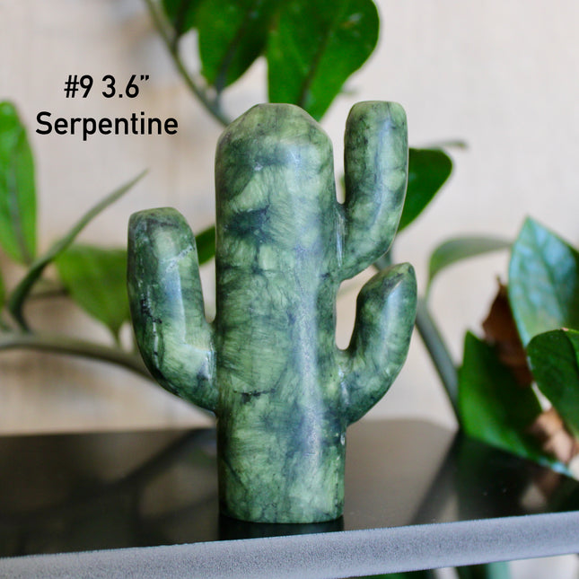 Green Stone Cactus Carvings – Moss Agate, Prehnite, and Serpentine Polished Stone Cactus Sculptures, You Pick Your Exact Carving