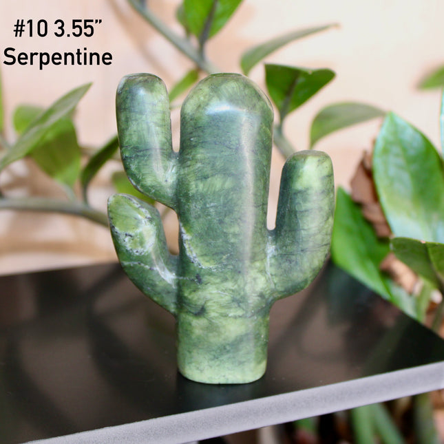 Green Stone Cactus Carvings – Moss Agate, Prehnite, and Serpentine Polished Stone Cactus Sculptures, You Pick Your Exact Carving