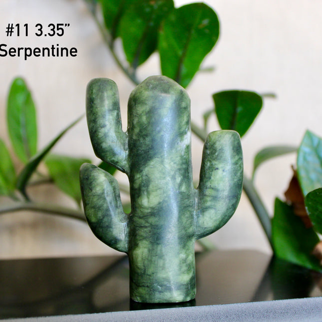 Green Stone Cactus Carvings – Moss Agate, Prehnite, and Serpentine Polished Stone Cactus Sculptures, You Pick Your Exact Carving